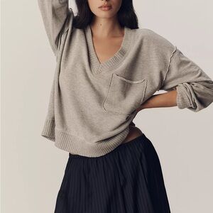 Montana V-Neck Pocket Oversized Sweater- Light Gray